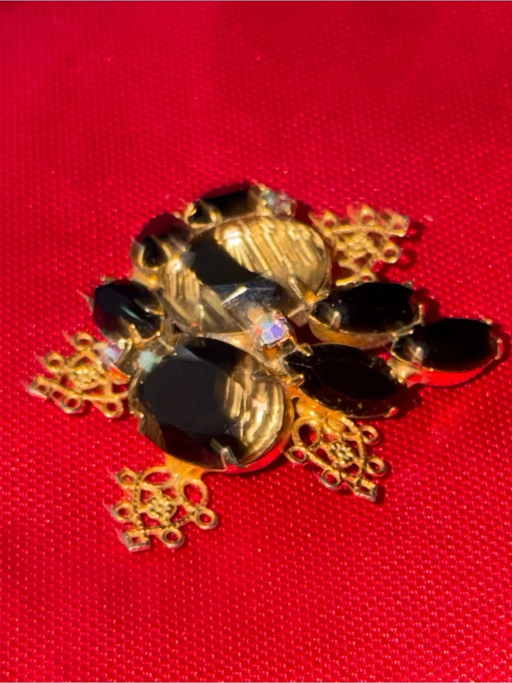 VTG D and E Juliana Gold-Tone Black and Smoky Crystal Floral Filigree Pin Brooch